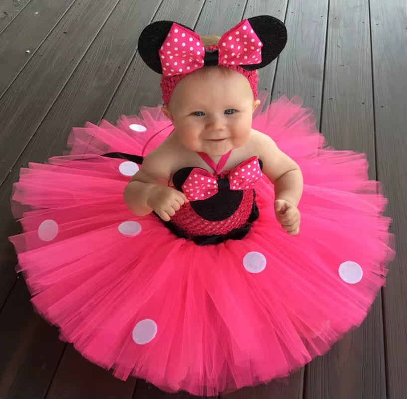 Lovely Girls Pink Cartoon Tutu Dress Baby Crochet Tulle Tutus with Dots Bow and Headband Set Kids Birthday Party Costume Dresses