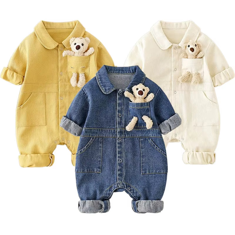 BearBuddy Denim – Spring Cartoon Pocket Romper for Babies