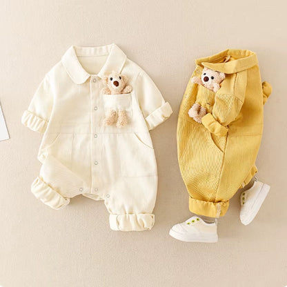 BearBuddy Denim – Spring Cartoon Pocket Romper for Babies